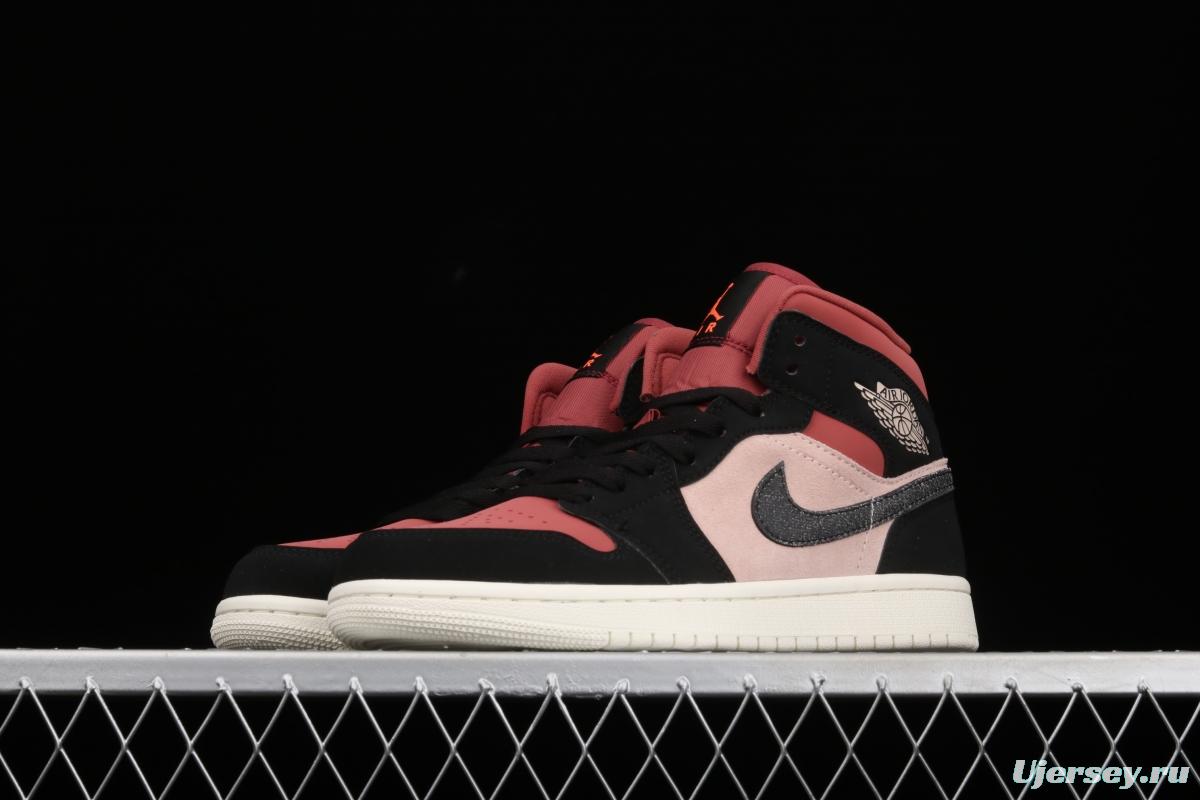 Air Jordan 1 Mid red bean milk tea medium top basketball shoes BQ6472-202