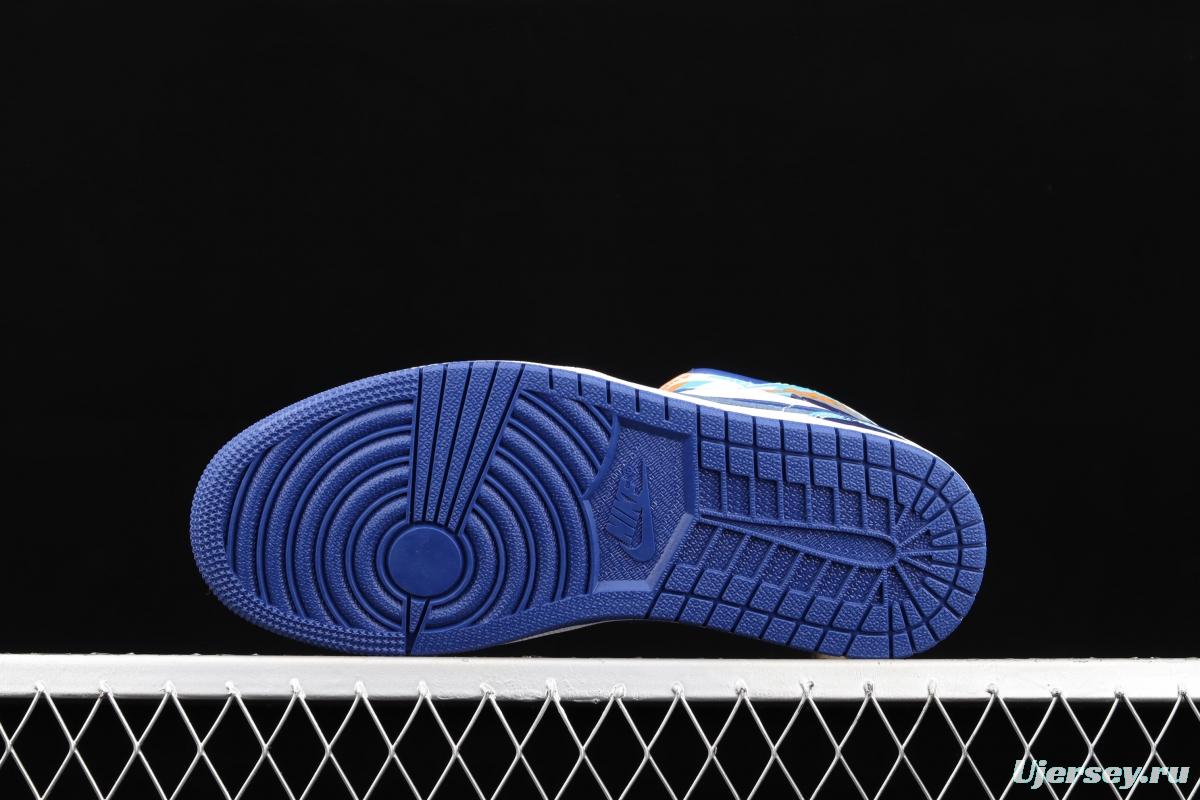Air Jordan 1 Mid geometrical white and blue Zhongbang basketball shoes 555112-105