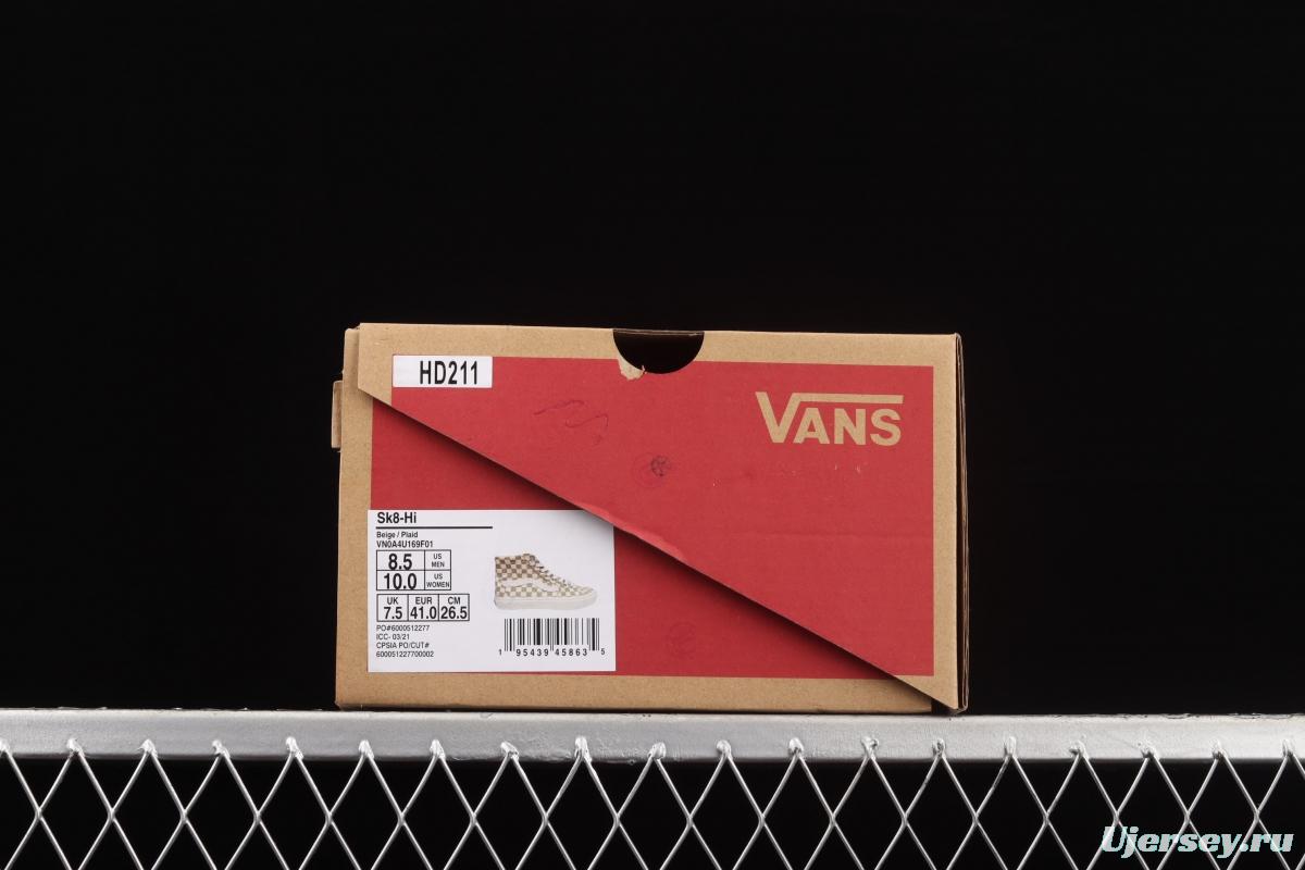 Vans SKate SK8-Hi milk brown plaid high-top professional skateboard shoes VN0A4U169F01