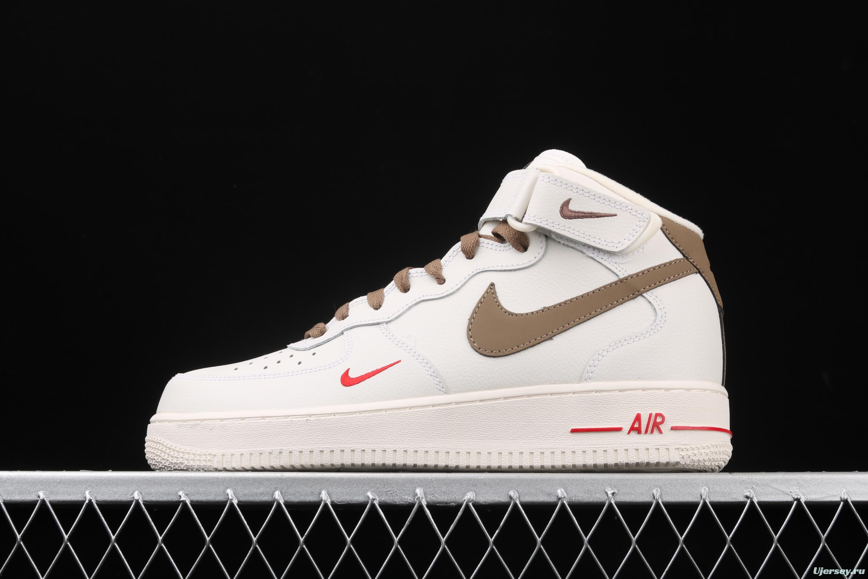 NIKE Air Force 1 Mid milky white light brown hook high top casual board shoes 808788-998