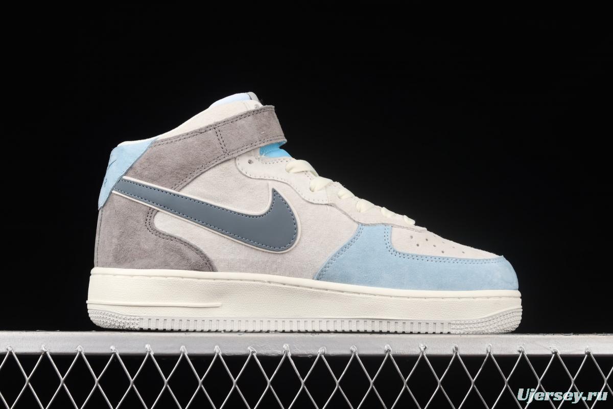 NIKE Air Force 1x 07 Mid light gray and blue suede medium top casual board shoes AL6896-559