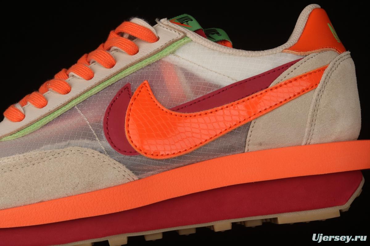 CLOT x Sacai x NIKE LDWaffle Net Orange Blaze joint overlapping design avant-garde waffle deformation rice orange color match casual jogging shoes DH1347-100