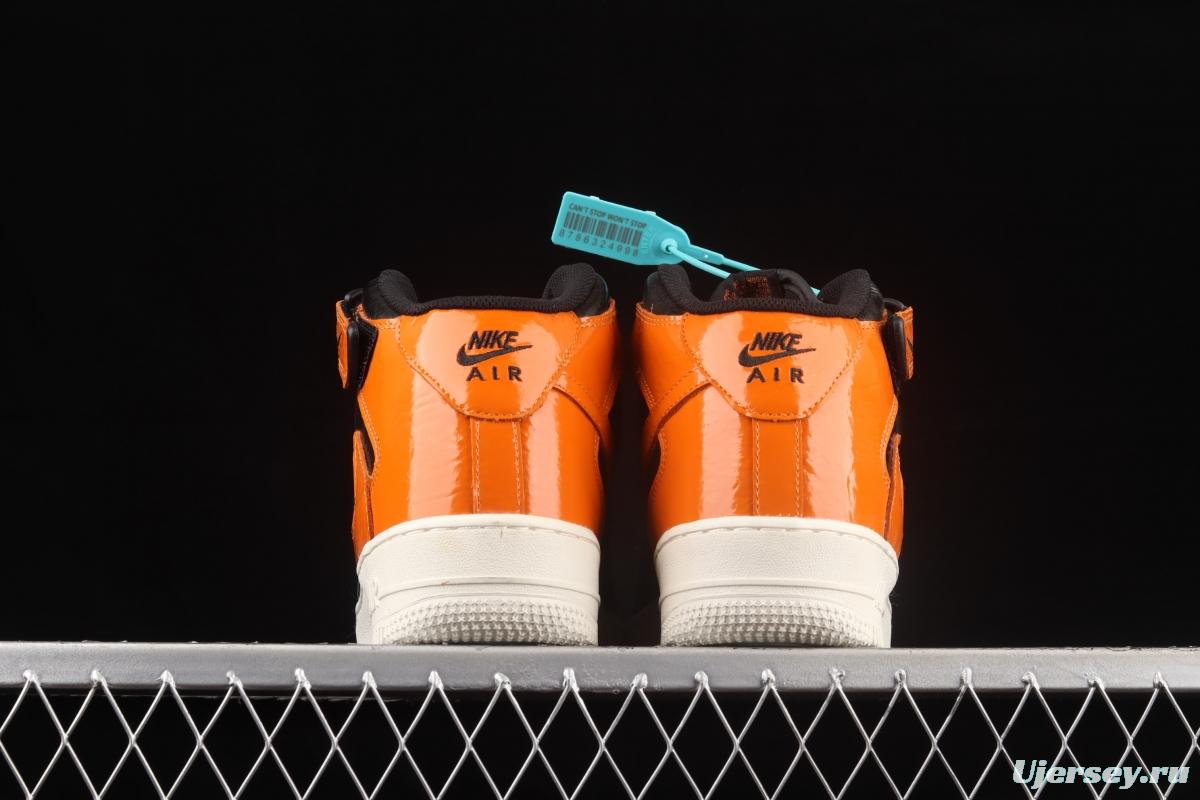 NIKE Air Force 1o07 Mid lacquered leather black orange color counterhook Zhongbang casual board shoes 804609-188