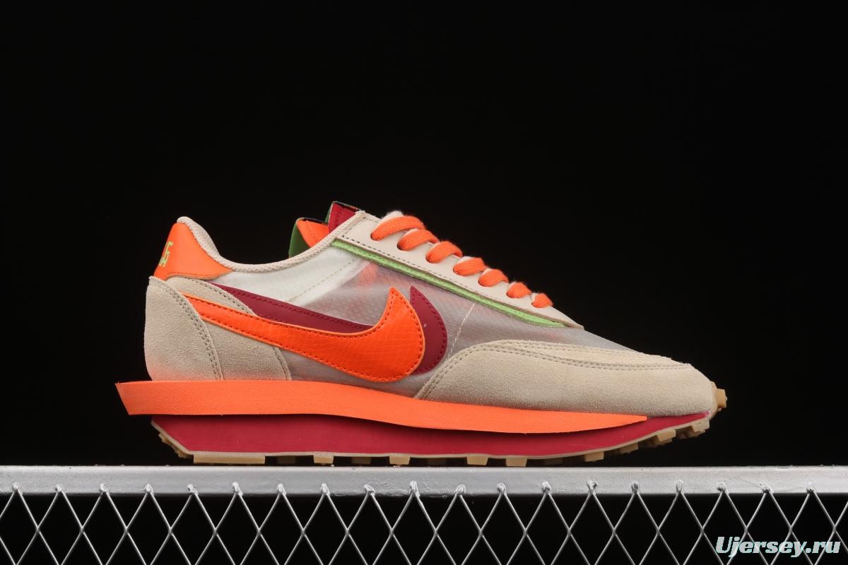 CLOT x Sacai x NIKE LDWaffle Net Orange Blaze joint overlapping design avant-garde waffle deformation rice orange color match casual jogging shoes DH1347-100
