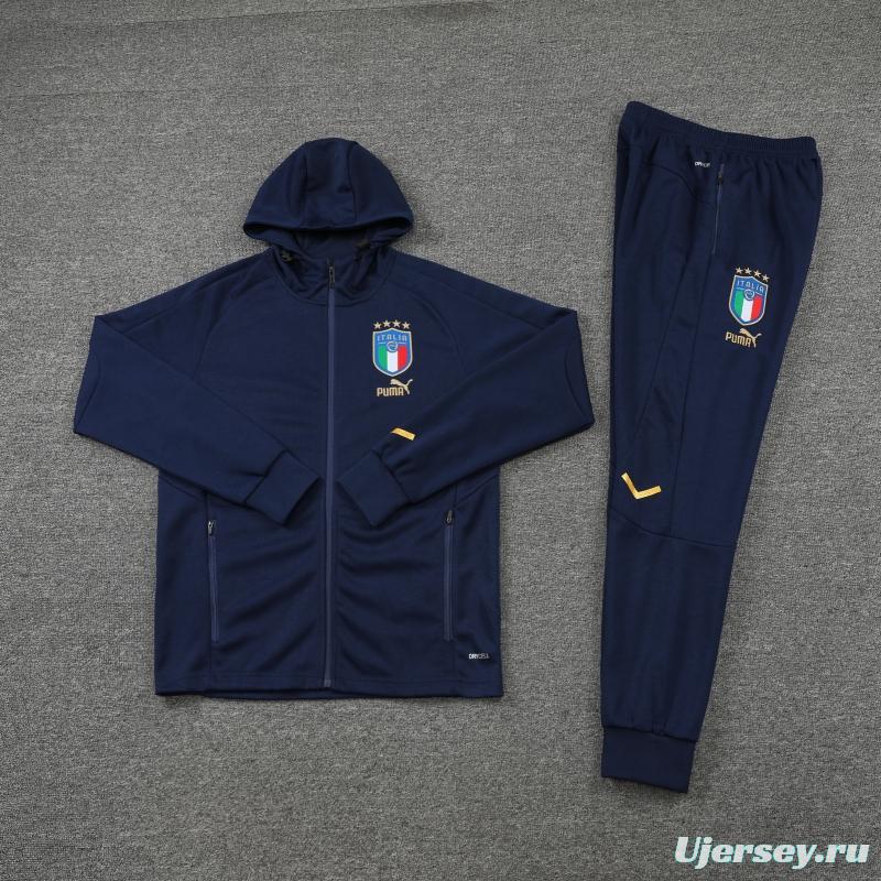 2022 Italy Navy Hooide Full Zipper Jacket+Long Pants