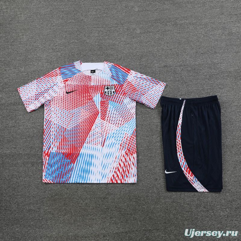 23 24 Barcelona White Red Stripe Short Sleeve+Shorts