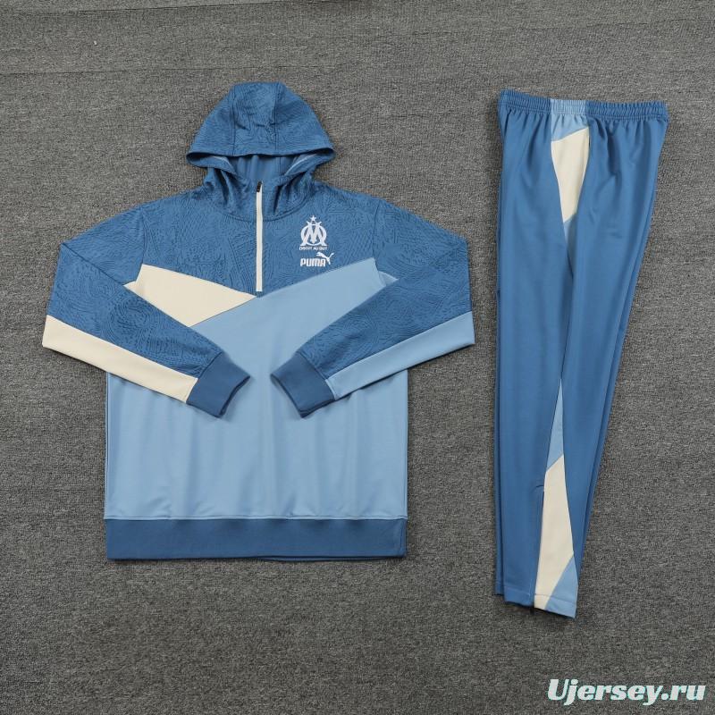 23/24 Olympique Marseille Blue Half Zipper Hoodie Jacket +Pants