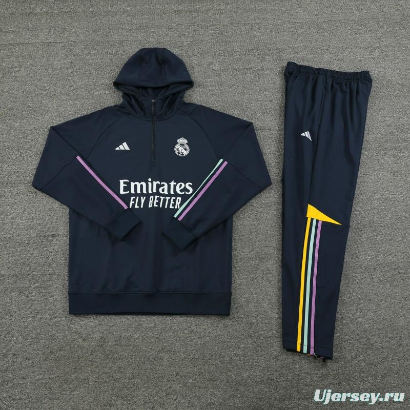 23/24 Real Madrid Navy Hoodie Half Zipper Jacket+ Pants