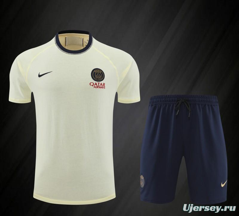 23/24 PSG Light Yellow Cotton Short Sleeve Jersey+Shorts