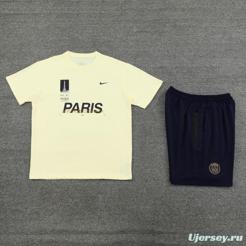 23/24 PSG Light Yellow Cotton Short Sleeve Jersey+Shorts