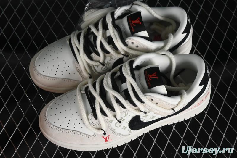 Nike SB Dunk Low LV Collaboration Anniversary Customized Sneakers in Off-White Black Swoosh Triple Floral - SJ2068-235