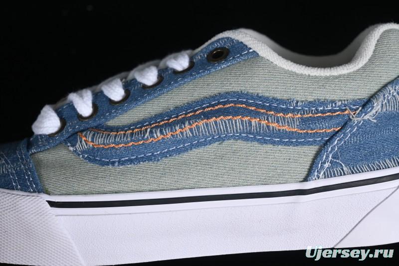 Vans Classics Knu Skool Washed Denim Distressed Vintage Chunky Tongue Skate Shoes - VN0009QCBLK