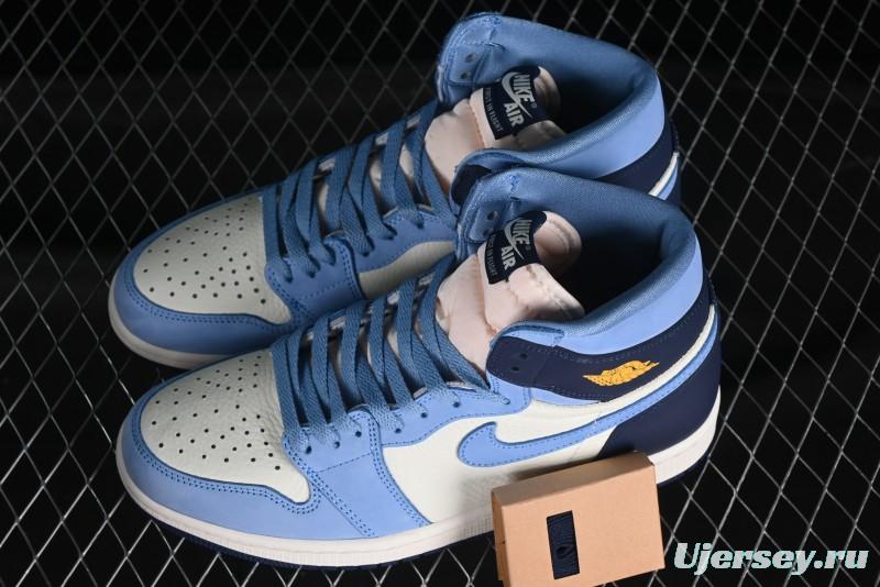 Nike Air Jordan 1 High OG "First in Flight" Basketball Shoes with UNC Blue and Yellow Accents - FD2596-400