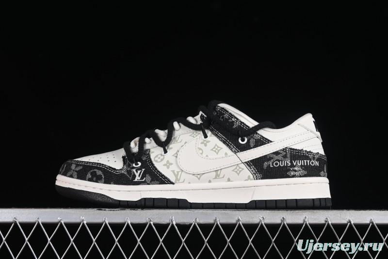 Nike SB Dunk Low LV Collaboration - Black Denim Print Anniversary High-End Custom Low-Top Casual Skate Shoes - SJ2068-238