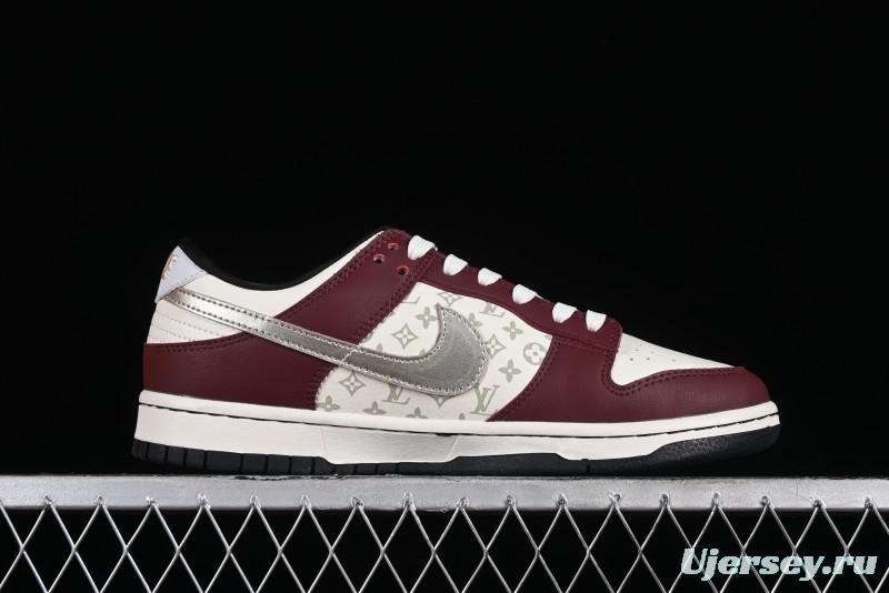 Louis Vuitton x Nike Dunk Low Customized Sneakers - Burgundy with Silver Swoosh SB Low Top Casual Skate Shoes - FC1688-188