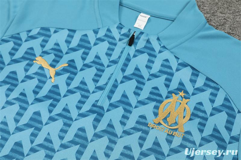 24/25 Olympique Marseille Blue Grid Half Zipper Jacket+Long Pants
