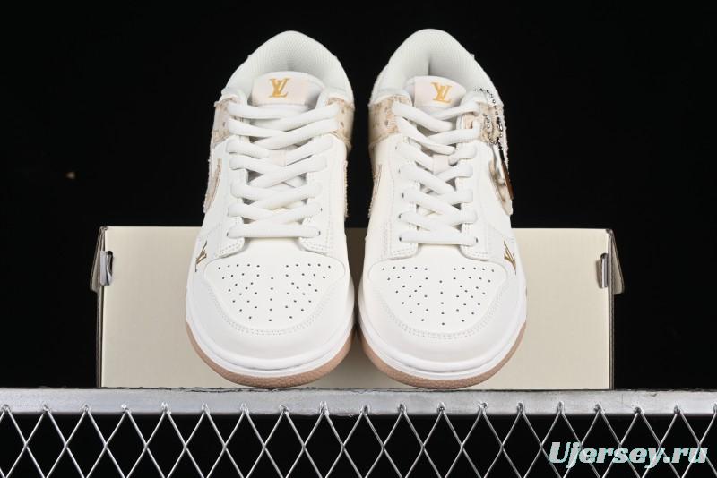 Nike SB Dunk Low LV Collaboration - Yellow Denim Beige with Yellow Swoosh Anniversary High-End Custom Low-Top Casual Skate Shoes - DJ2024-007