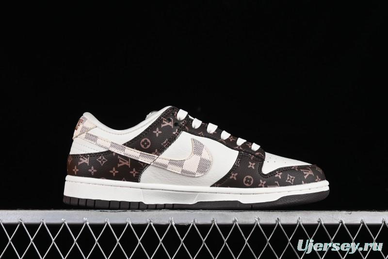 Nike SB Dunk Low LV Collaboration - Checkerboard Brown White Swoosh Anniversary High-End Custom Low-Top Casual Sneakers - SJ2068-253