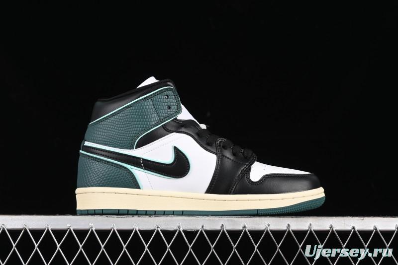 Nike Air Jordan 1 Mid AJ1 Snake Black Green Toe Mid-Top Basketball Shoes - FQ7818-100