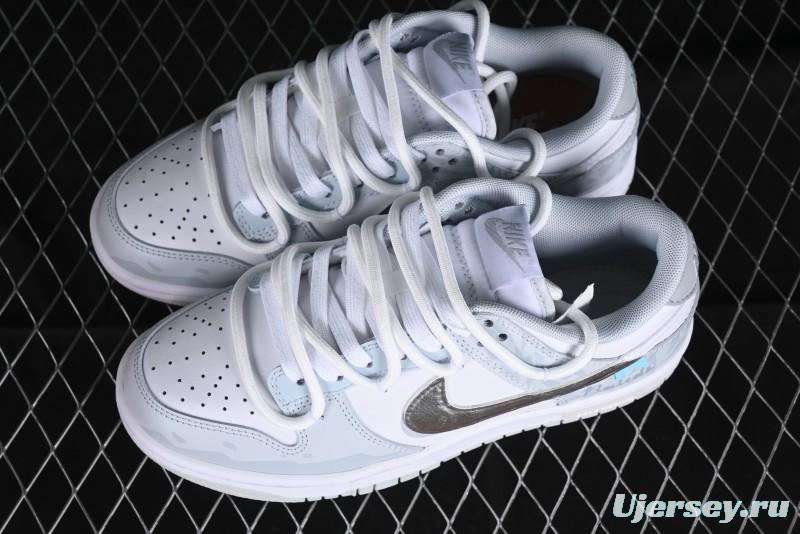 Nike Dunk Low Retro SB Casual Skate Shoes in Light Grey Blue with Silver Swoosh and Deconstructed Straps - HF0730-160