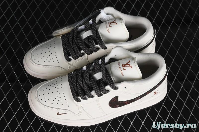 Nike Air Jordan 1 Low LV Collaboration Sneakers - Classic Monogram Swoosh in Off-White - WG8850-004