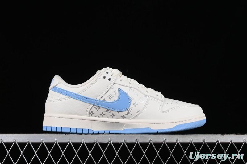 Nike SB Dunk Low LV Collaboration - Beige Blue Double Swoosh Print Anniversary Custom Low-Top Casual Sneakers - CF3688-005