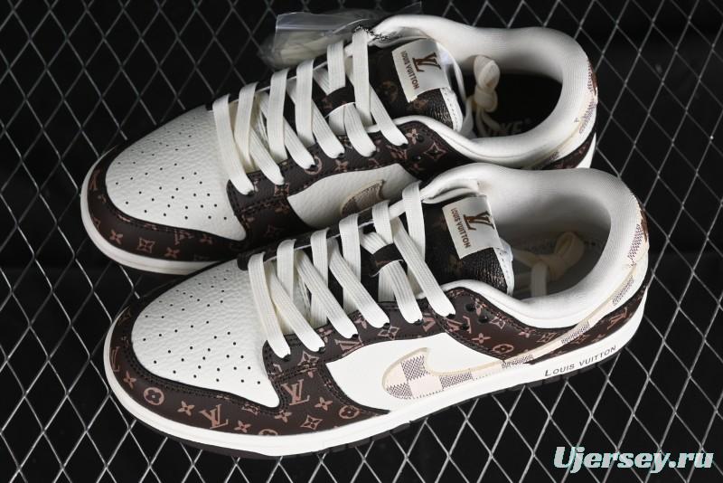 Nike SB Dunk Low LV Collaboration - Checkerboard Brown White Swoosh Anniversary High-End Custom Low-Top Casual Sneakers - SJ2068-253