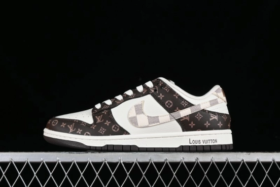 Nike SB Dunk Low LV Collaboration - Checkerboard Brown White Swoosh Anniversary High-End Custom Low-Top Casual Sneakers - SJ2068-253