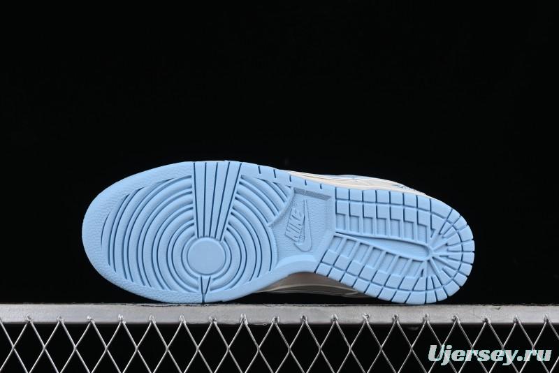 Stussy x Nike Dunk Low SB Skate Shoes in White with Light Blue Swoosh - DQ1098-380