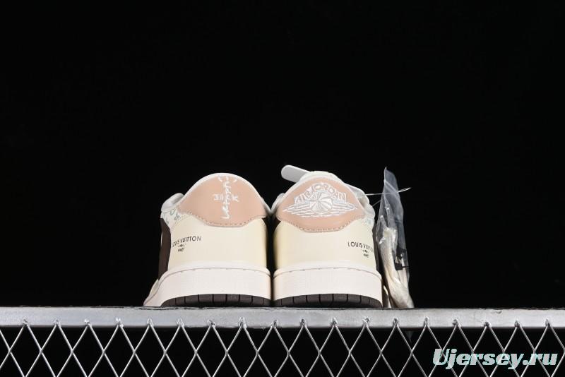 Nike Travis Scott x Fragment Design x Jordan Air Jordan 1 Low OG SP AJ1 LV Beige Brown Print Casual Sneakers - LJ5188-006