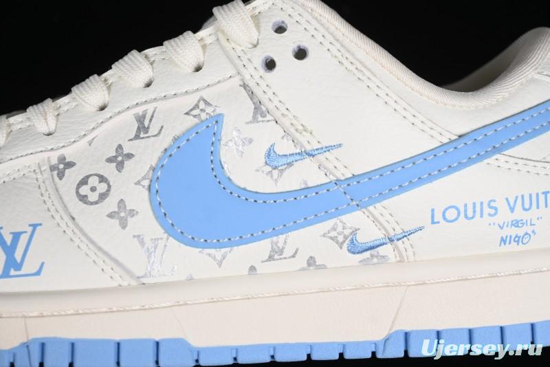 Nike SB Dunk Low LV Collaboration - Beige Blue Double Swoosh Print Anniversary Custom Low-Top Casual Sneakers - CF3688-005