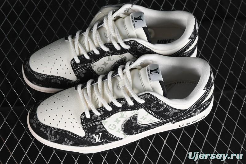 Nike SB Dunk Low LV Collaboration - Black Denim Print Anniversary Custom Low-Top Casual Sneakers - SJ2068-256