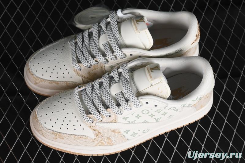 Nike Travis Scott x Fragment Design x Jordan Air Jordan 1 Low OG SP AJ1 LV Khaki Denim Casual Sneakers - SJ2068-009