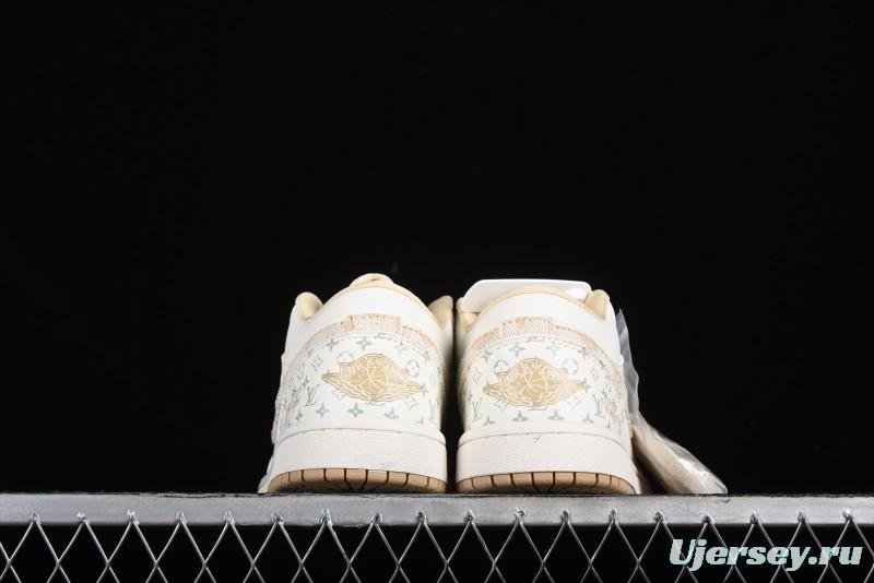 Nike Air Jordan 1 Low AJ1 Louis Vuitton Print Khaki Custom High-End Low-Top Basketball Shoes - SJ9950-004
