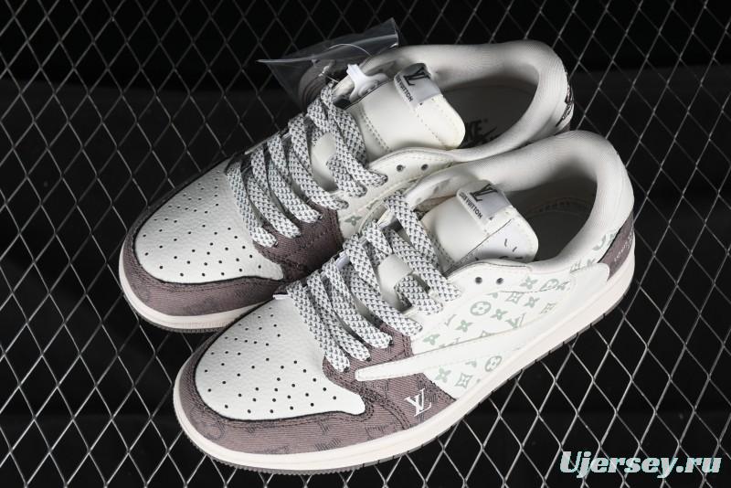 Nike Travis Scott x Fragment Design x Air Jordan 1 Low OG SP AJ1 LV Collaboration Light Grey Denim Low-Top Casual Sneakers - SJ2068-105