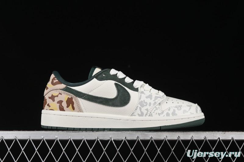 Nike Travis Scott x Fragment Design x Air Jordan 1 Low OG SP AJ1 Bape Collaboration - Camo Green Low Top Casual Sneakers - JH6088-614