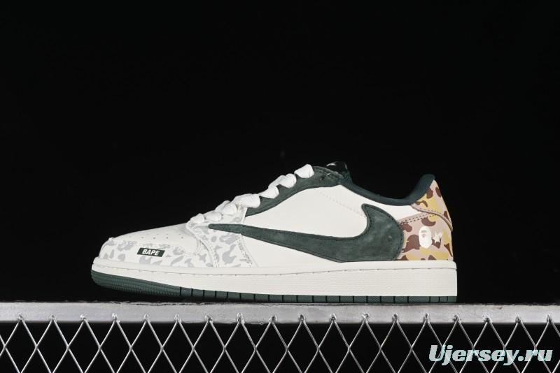 Nike Travis Scott x Fragment Design x Air Jordan 1 Low OG SP AJ1 Bape Collaboration - Camo Green Low Top Casual Sneakers - JH6088-614