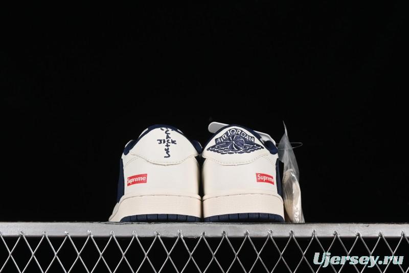 Nike Travis Scott x Fragment Design x Air Jordan 1 Low OG SP AJ1 Supreme Collaboration - White Navy Blue Low Top Casual Sneakers - XZ116