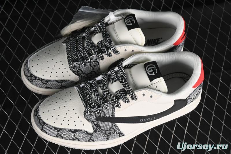 Nike Travis Scott x Fragment Design x Air Jordan 1 Low OG SP AJ1 Gucci Collaboration - Black Grey Pattern Low Top Casual Sneakers - XY2688-117