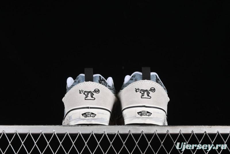 HIRONO Knu Skool Low-Top Casual Sneakers with Denim Graffiti Design - VN0009QCRBL