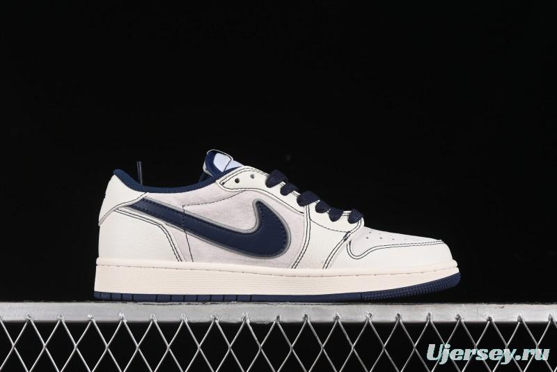 Nike Travis Scott x Fragment Design x Air Jordan 1 Low OG SP AJ1 Supreme Collaboration - Dark Blue Swoosh Low-Top Casual Sneakers - XZ2268-001