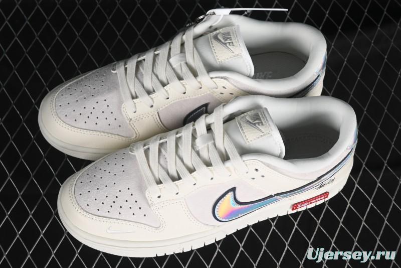 Nike SB Dunk Low Supreme x Stussy Triple Collaboration - Beige Silver Swoosh Anniversary Custom Low-Top Casual Skate Shoes - KK1333-005