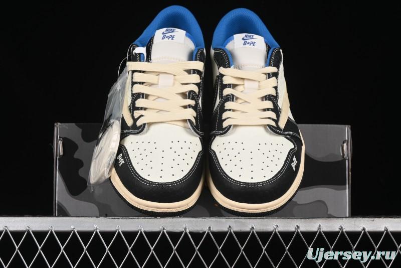 Nike Travis Scott x Fragment Design x Air Jordan 1 Low OG SP AJ1 Bape Collaboration - Crocodile Leather Black White Blue Low Top Casual Sneakers - XZ2828-001