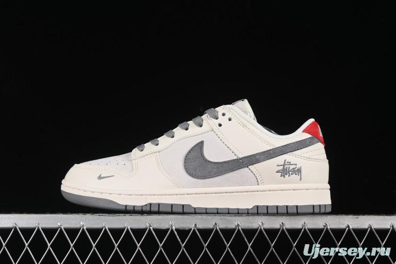 Nike SB Dunk Low Stussy Collaboration - Grey Pigskin Red Tail Anniversary High-End Custom Low-Top Casual Skate Shoes - XY2025-015