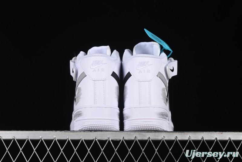 Nike Air Force 1 '07 Mid Casual Sneakers in White/Grey/Black with Hand-Painted Cracked Swoosh Shadow Detail - CW2289-111