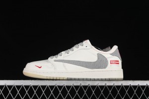 Nike Travis Scott x Fragment Design x Air Jordan 1 Low OG SP AJ1 Supreme Collaboration - Light Grey Denim Two-Tone Low-Top Casual Sneakers - JH6088-705