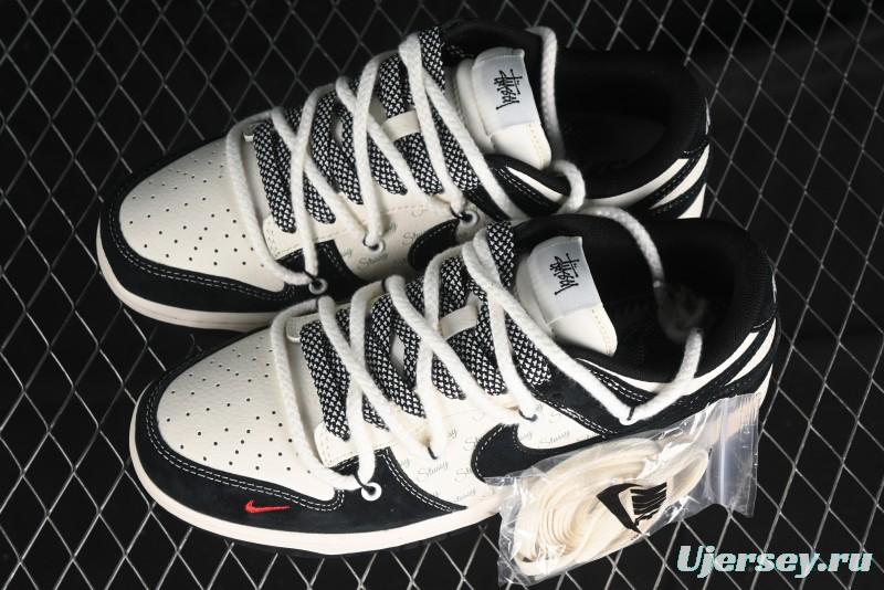 Nike SB Dunk Low Stussy Collaboration - White Embroidery Black Swoosh Anniversary Custom Low-Top Casual Sneakers - SJ2068-311