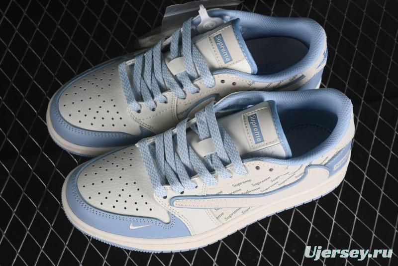 Nike Travis Scott x Fragment Design x Air Jordan 1 Low OG SP AJ1 Supreme Collaboration - White Blue Lettering Low Top Casual Sneakers - XY2688-116
