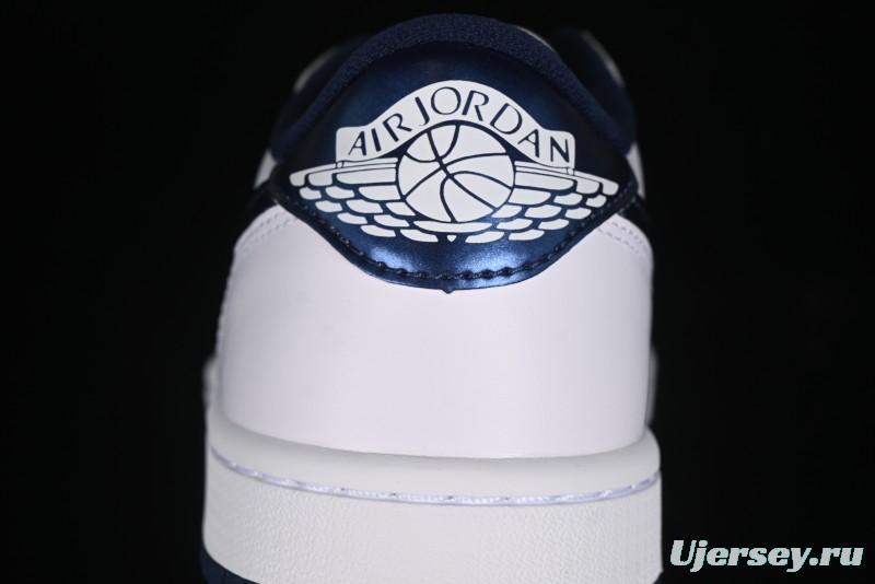 Nike Air Jordan 1 Low 85 Retro Sneakers in White with Metallic Blue Swoosh - FB9933-141