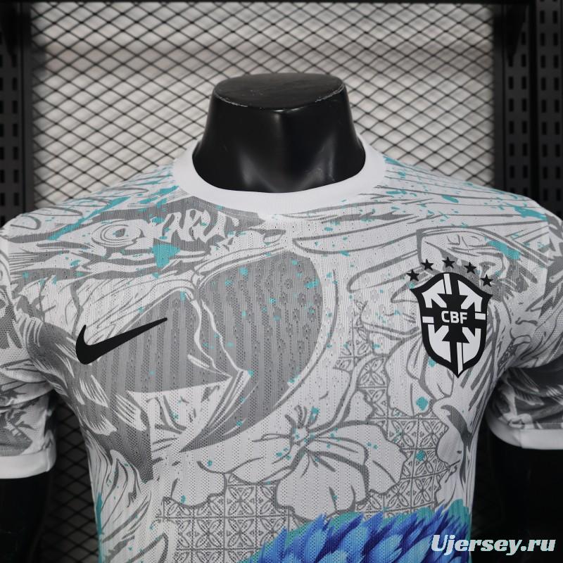 Player Version 2025 Brazil White with Blue Macaw Jersey